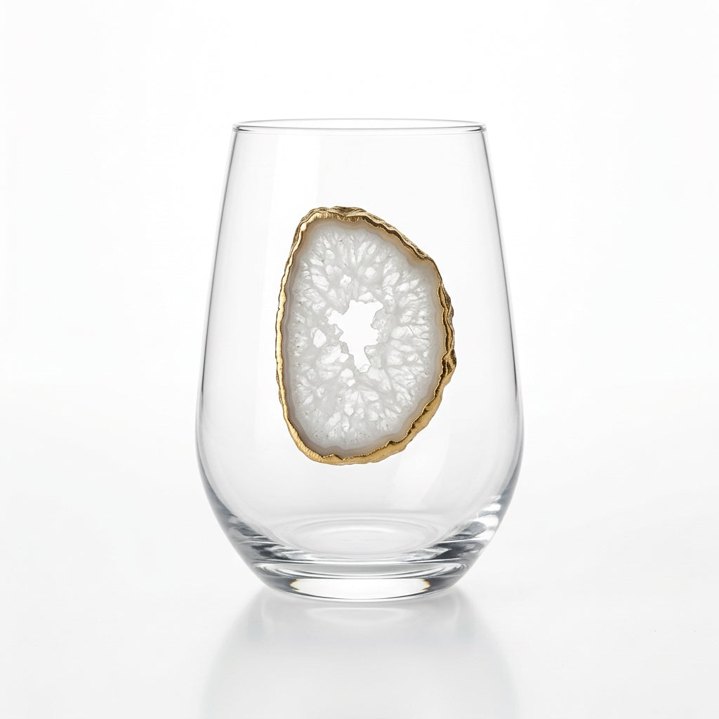 White Agate Sliced Geode on Crystal Stemless Wineglass. Set of 4