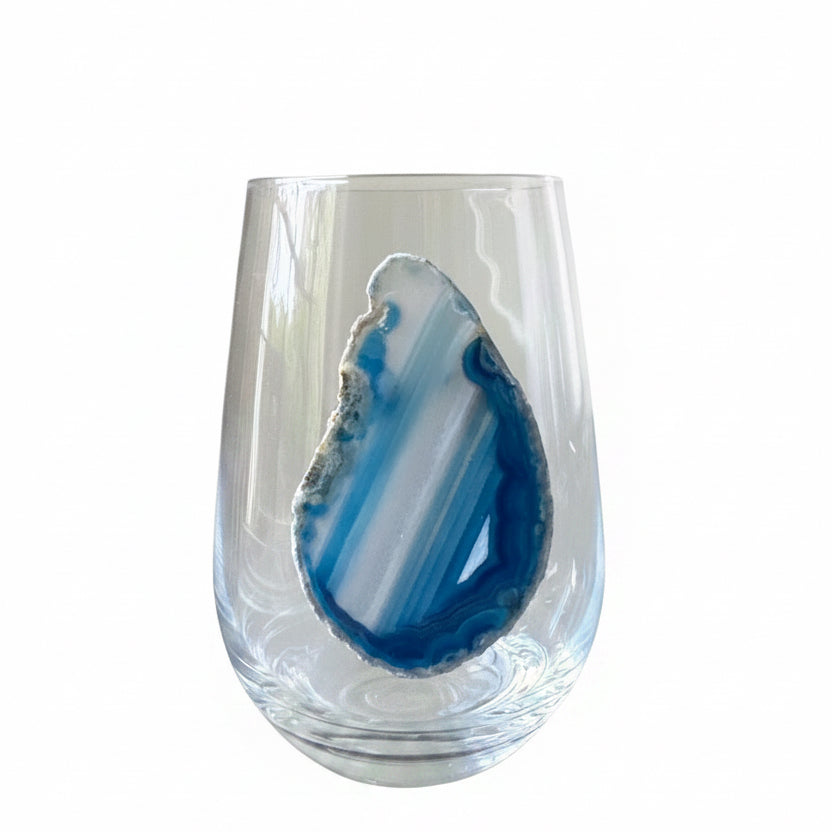 Blue and White Agate Geode Stemless Wineglasses on Crystal. Set of 4