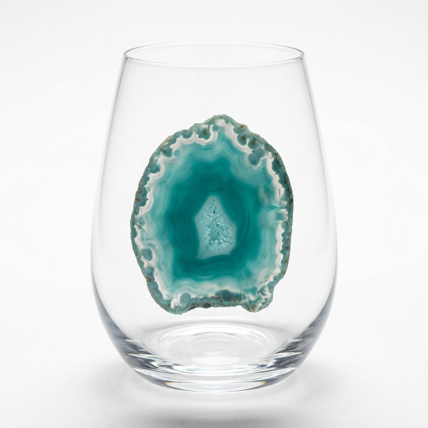 Green Agate Geodes on Crystal wineglasses. Set of 4