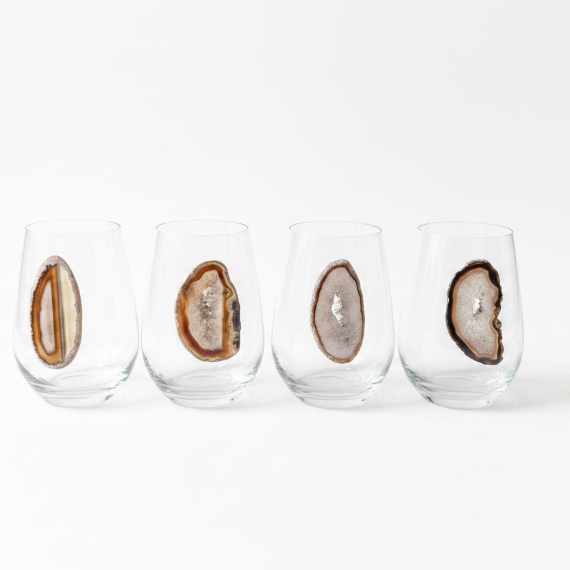 Natural Sliced Agate Geodes on Crystal Stemless Wineglasses