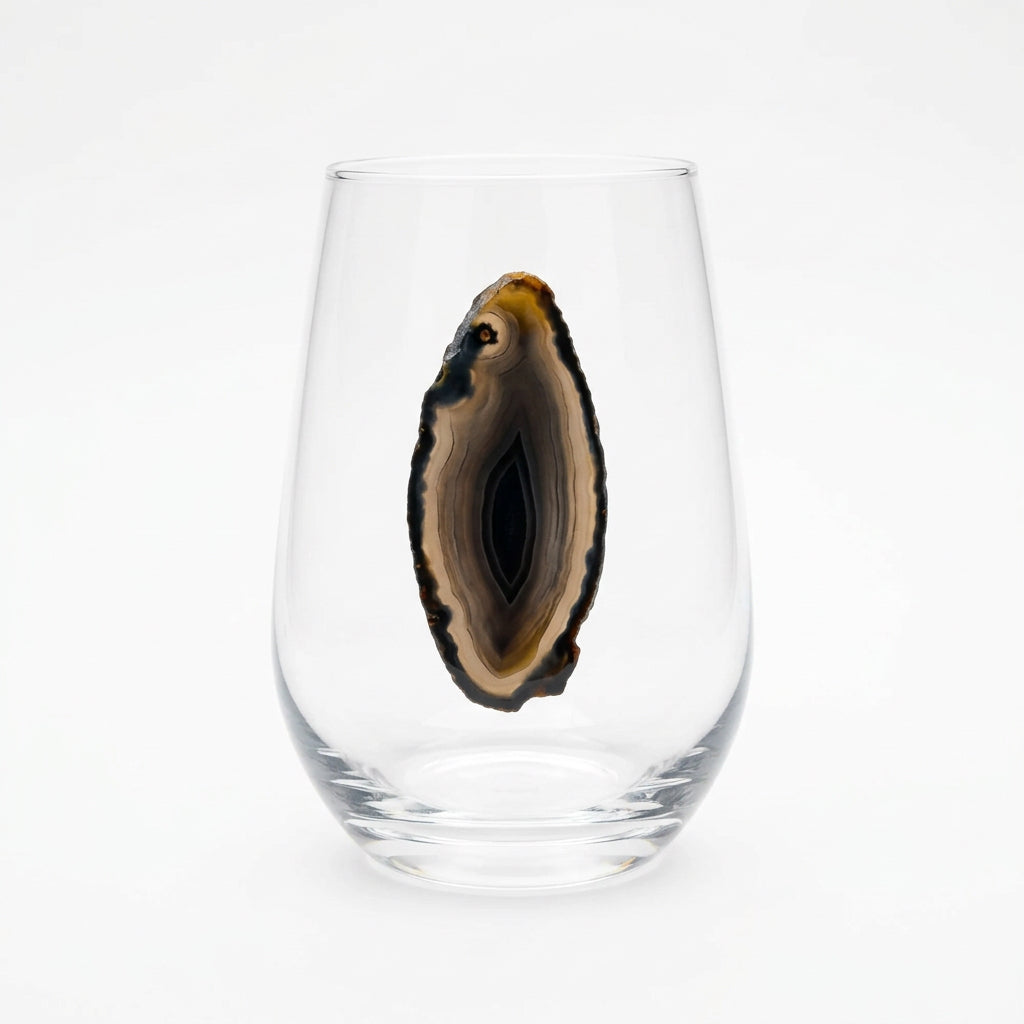 Black and grey Sliced Agate Geodes on Crystal Stemless wineglass . Set of 4
