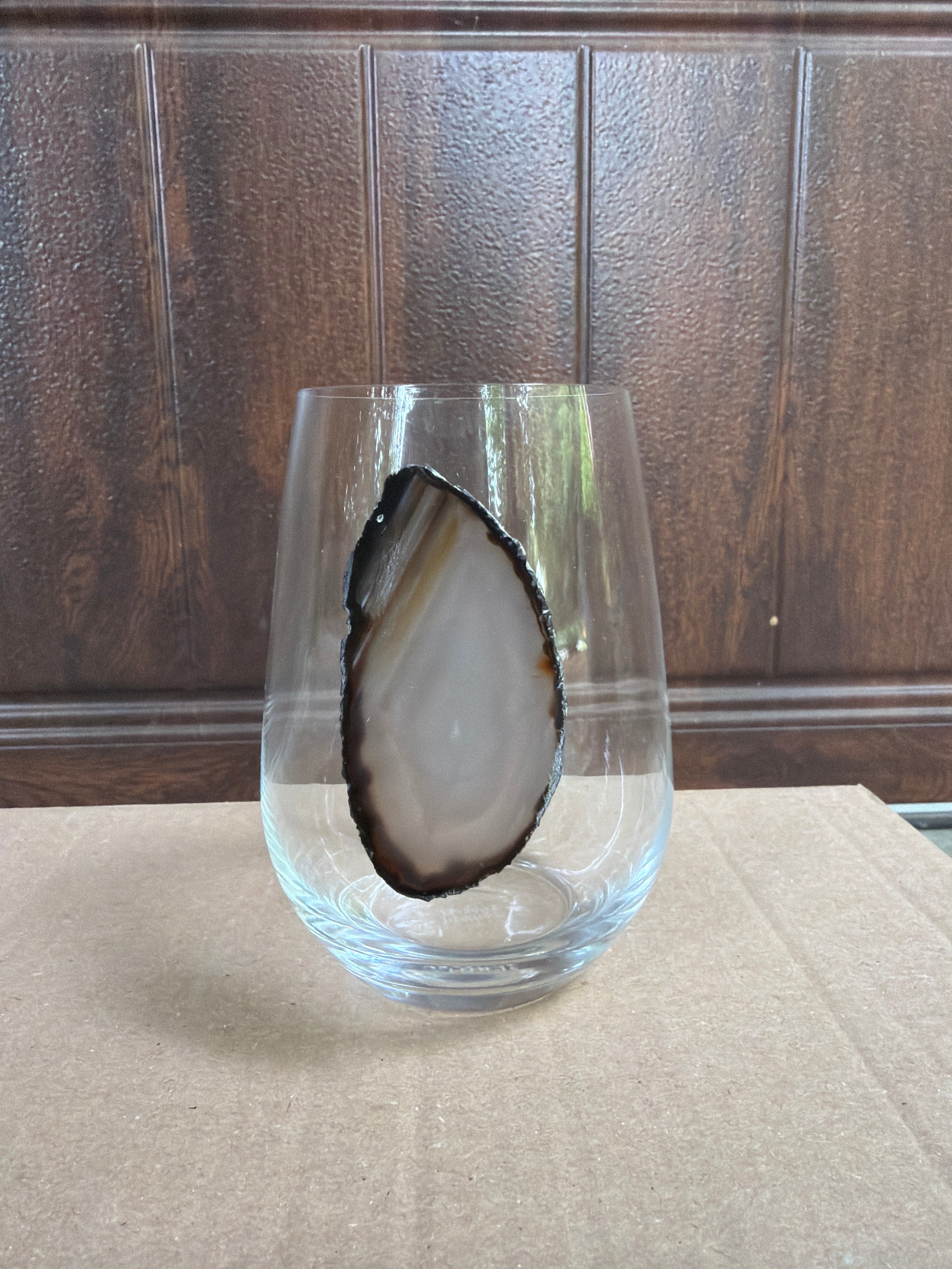 Black and Grey Agate Sliced Geode on Crystal Wineglasses. Set of 4