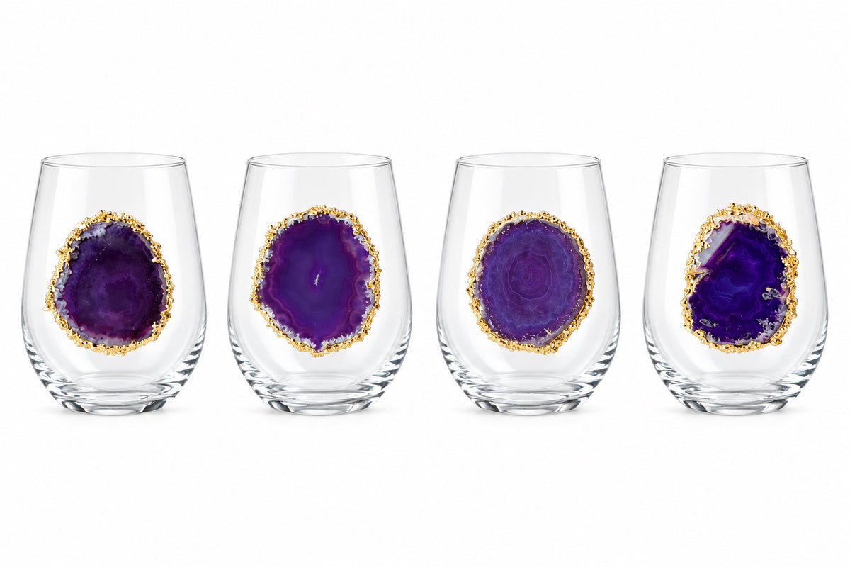 Purple Agate Sliced Geodes with Pyrite Rim. Set of 4