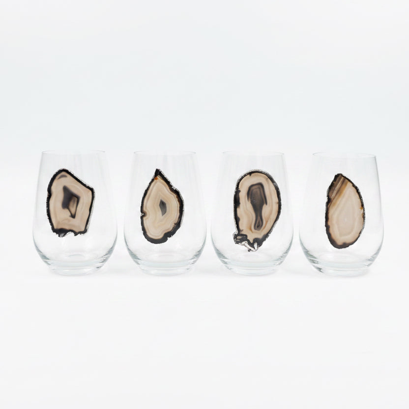 Black and Grey Agate Sliced Geode on Crystal Wineglasses. Set of 4