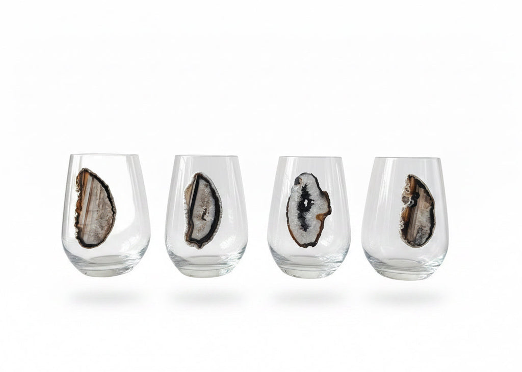 Natural Sliced Agate Stemless Wineglasses. Set of 4.