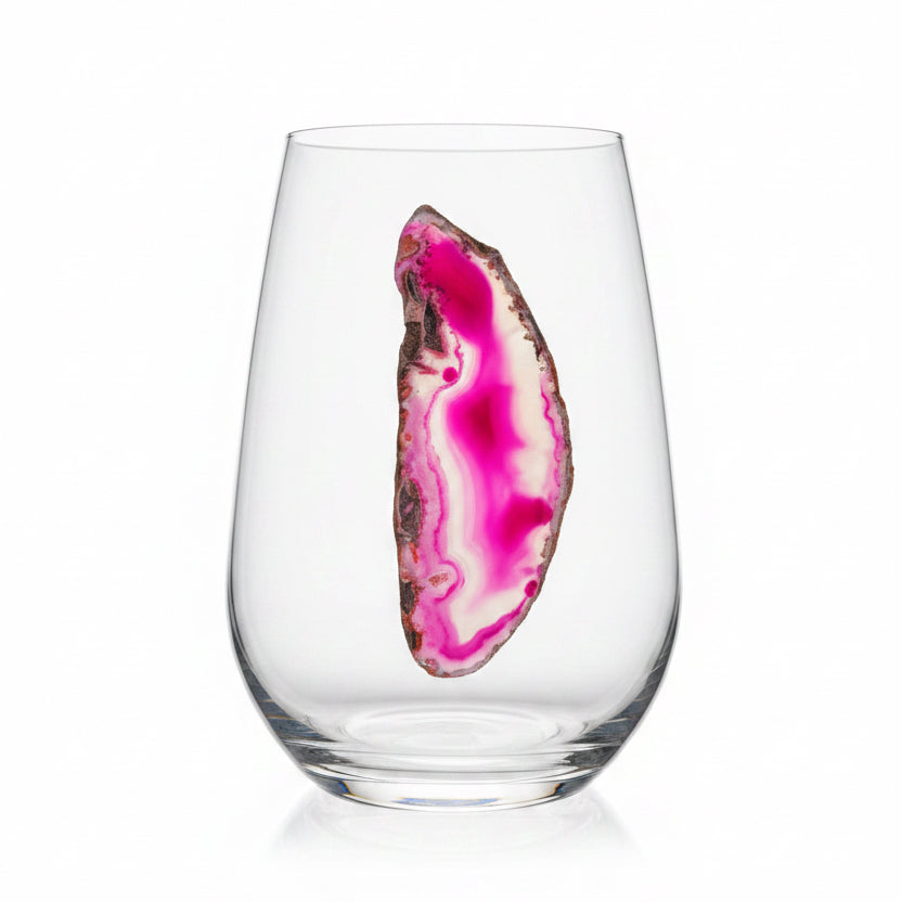 Pink Sliced Agate Geode on Crystal Stemless Wineglass. Set of 4