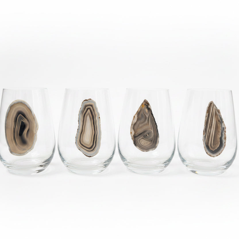 Grey and White Agate Geodes on Crystal Wineglass. Set of 4
