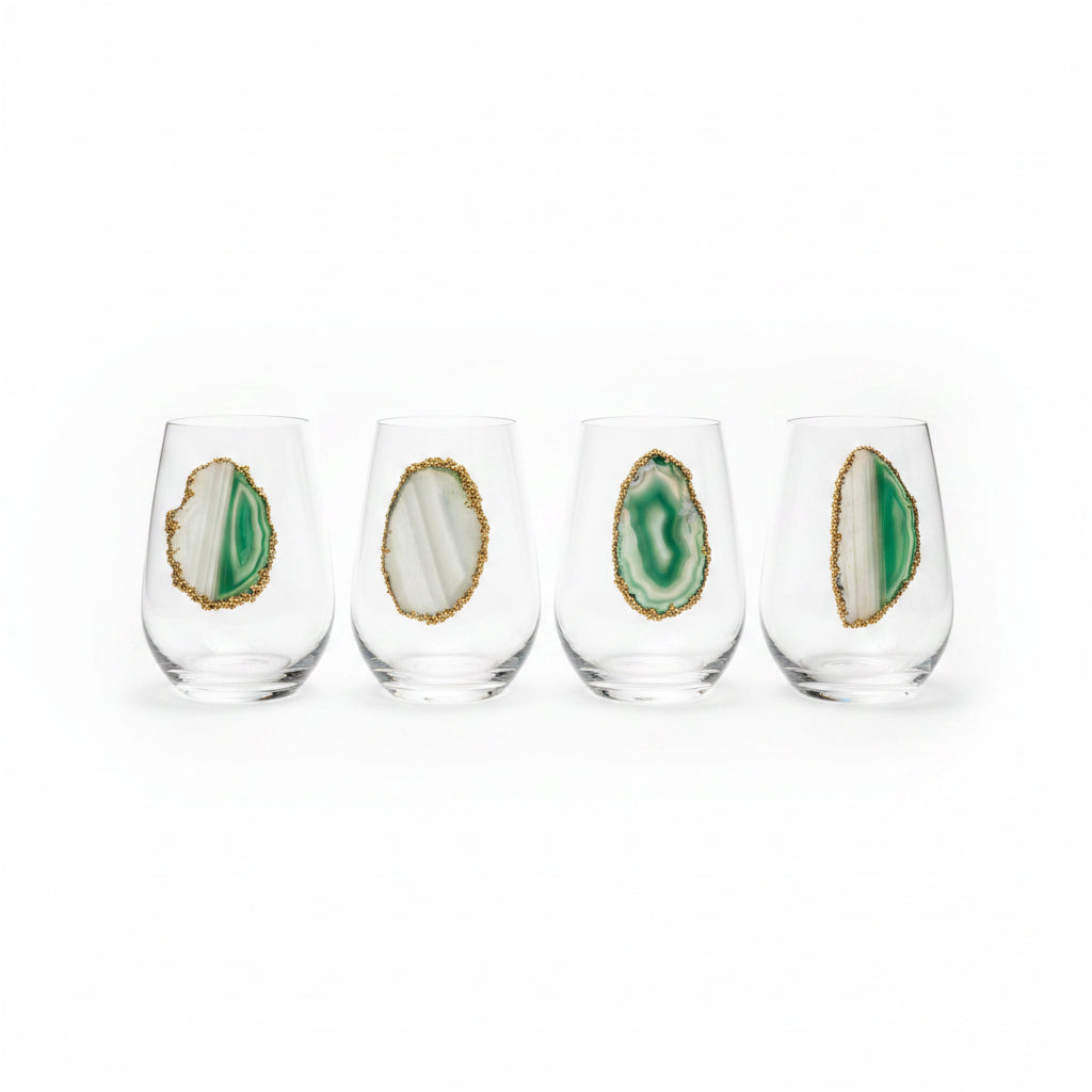 Light Green Agate Sliced Geodes on Crystal Wineglasses. Set of 4