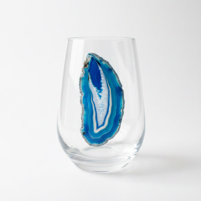 Blue and White Agate Geode Stemless Wineglasses on Crystal. Set of 4