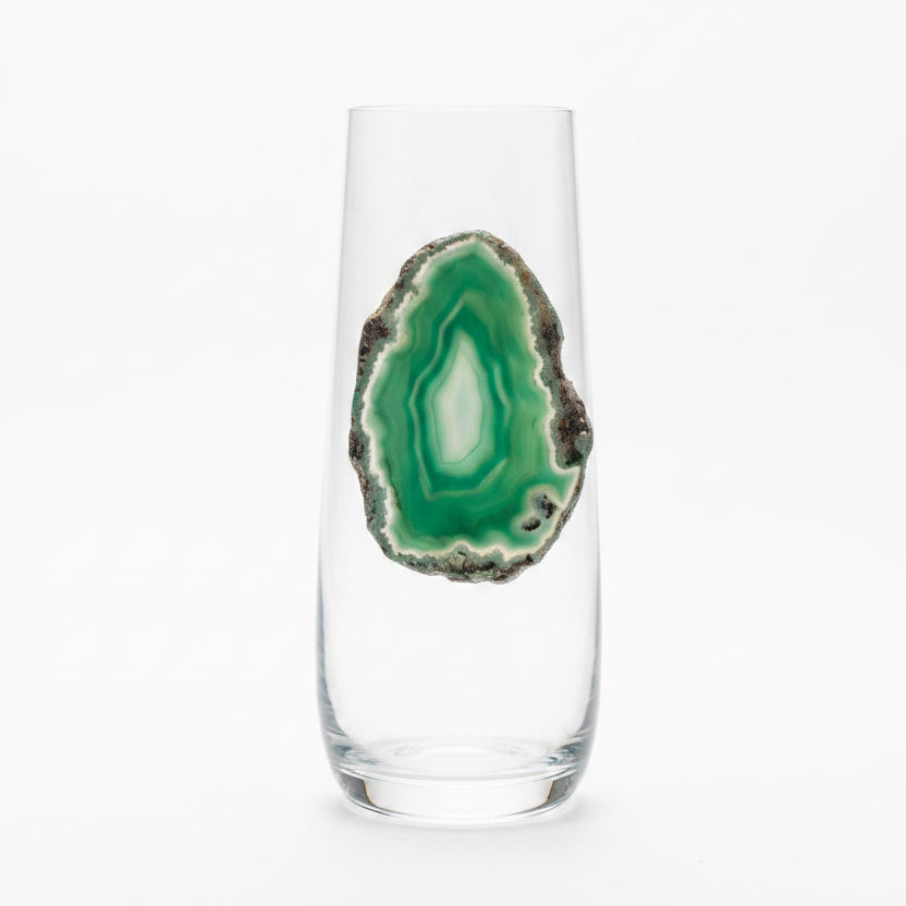 Light green sliced agate Geodes on Stemless Crystal Champagne flute. Set of four.