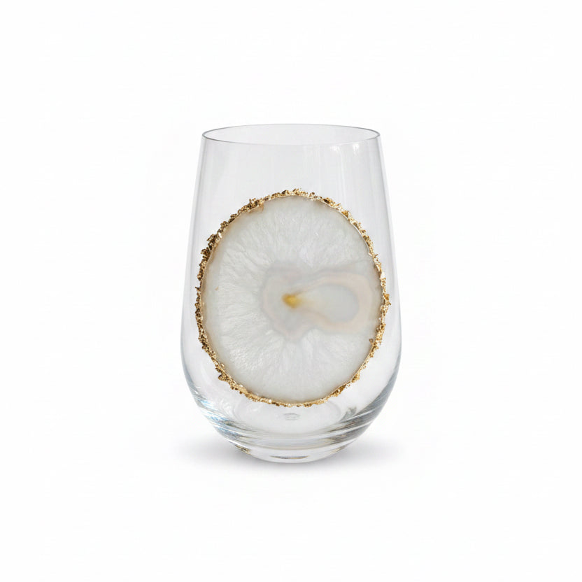 White Sliced Agate Geode on Crystal Wineglass. Set of 4