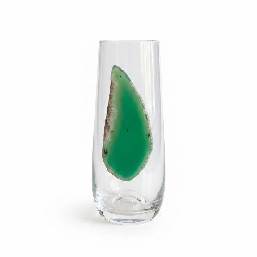 Light Green Agate Sliced Geode on Stemless Crystal Flute. Set of 4