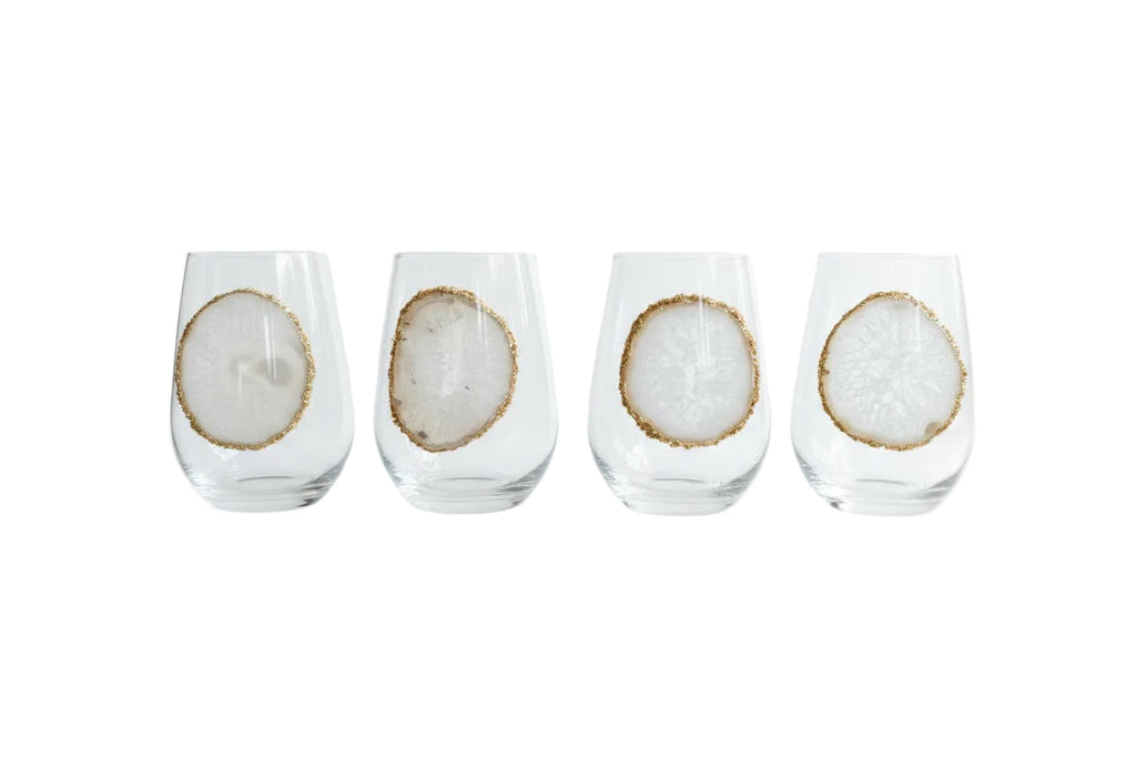 White Sliced Agate Geode on Crystal Wineglass. Set of 4
