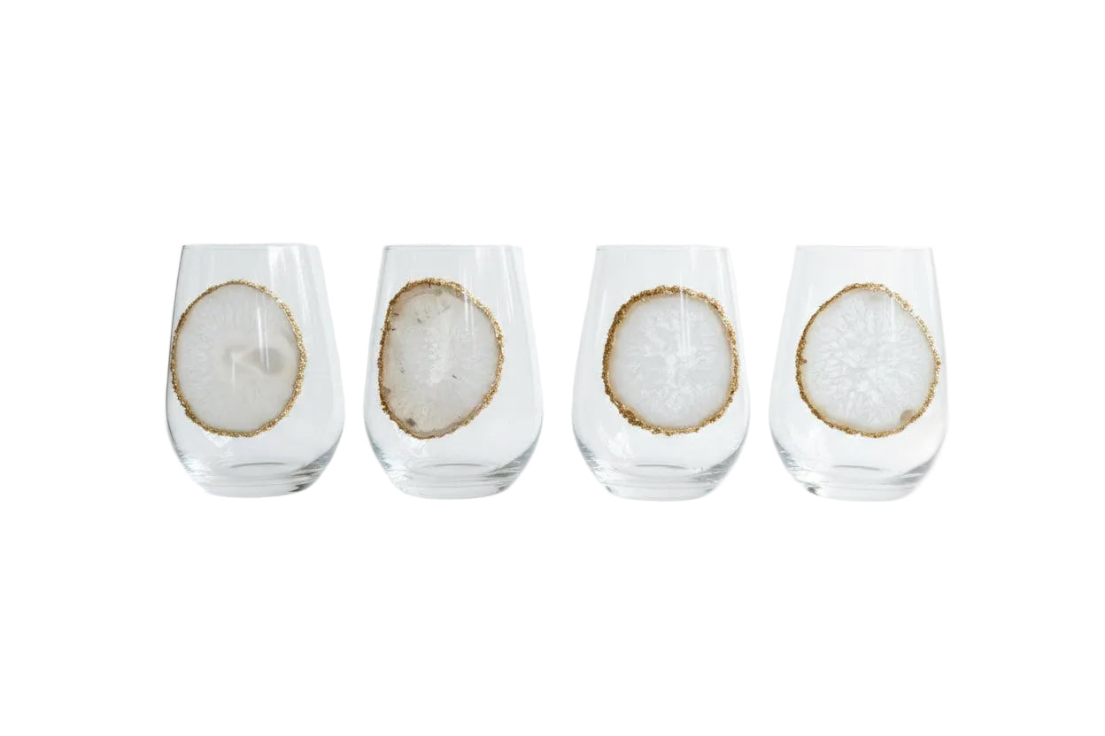 White Sliced Agate Geode on Crystal Wineglass. Set of 4