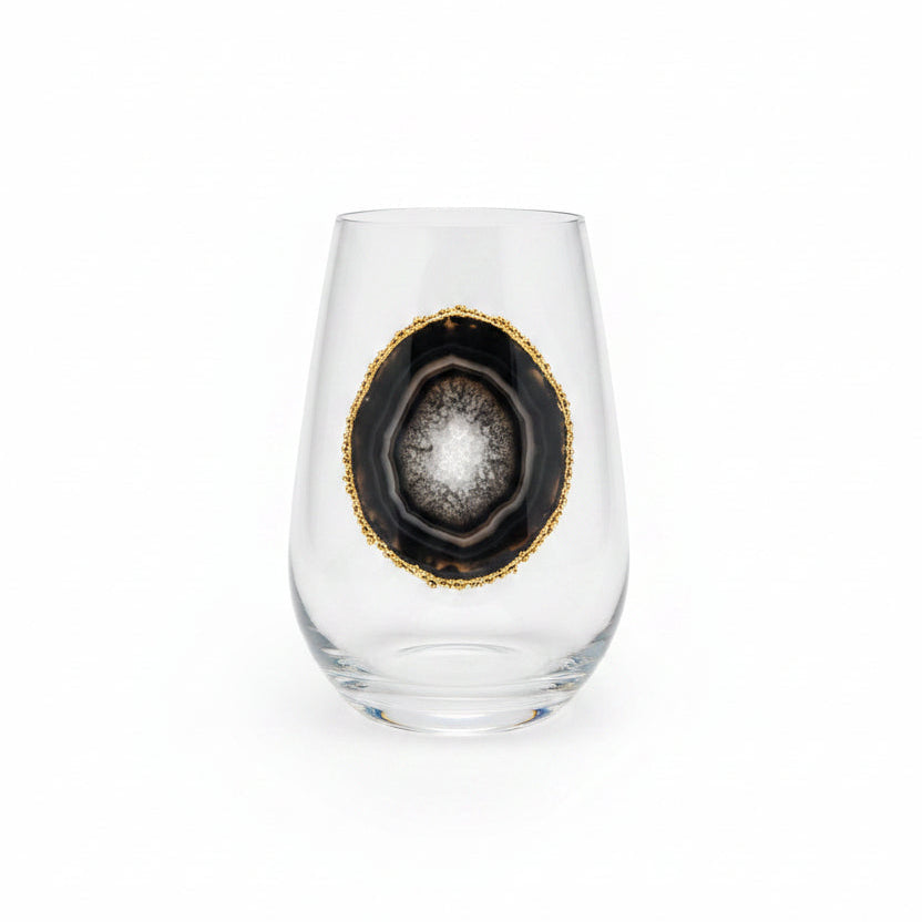 Black Agate Sliced Geodes on Crystal Wineglasses. Set of 4