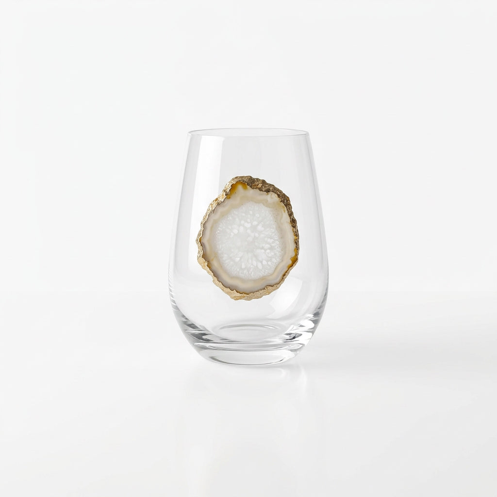 White Agate Sliced Geode on Crystal Stemless Wineglass. Set of 4