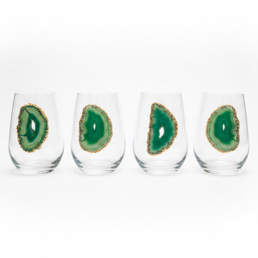 Green Agate Geode with Pyrite Rim on Crystal Wineglass. Set of 4