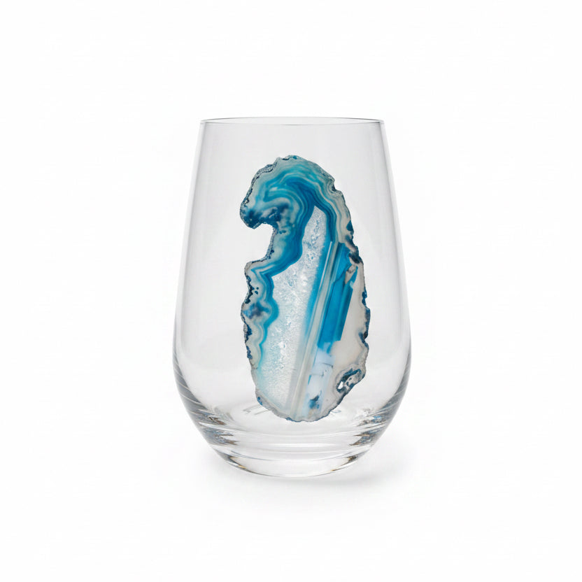 Blue and white Sliced agate Geode on Crystal Wineglass. Set of 4. 19.1 ounces