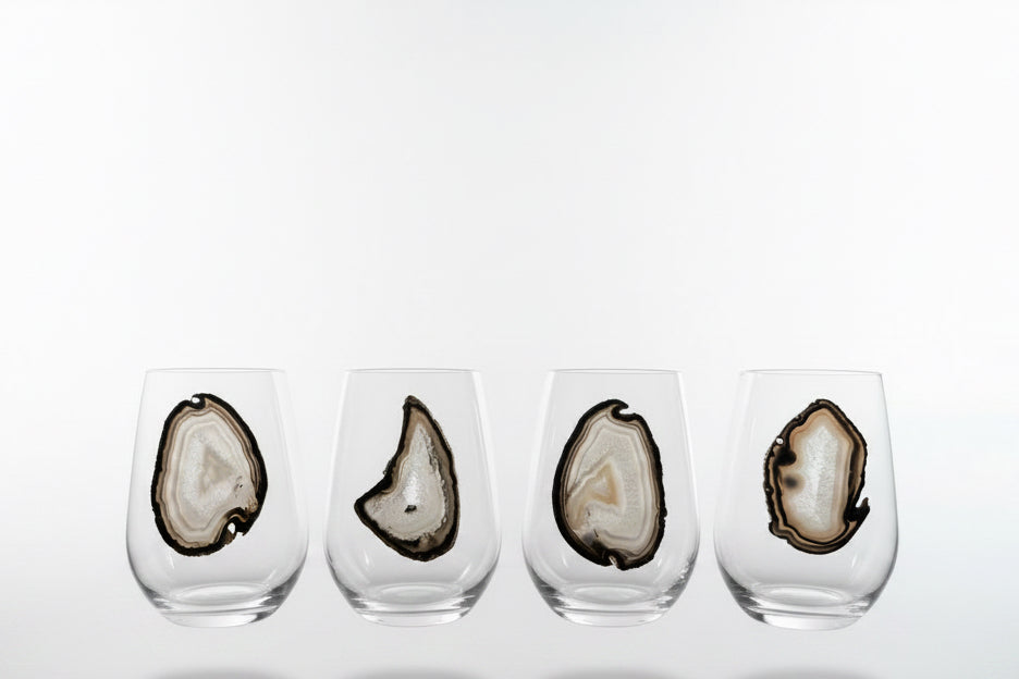 Grey and Black Sliced Agate Geode on Crystal Wineglass. Set of 4
