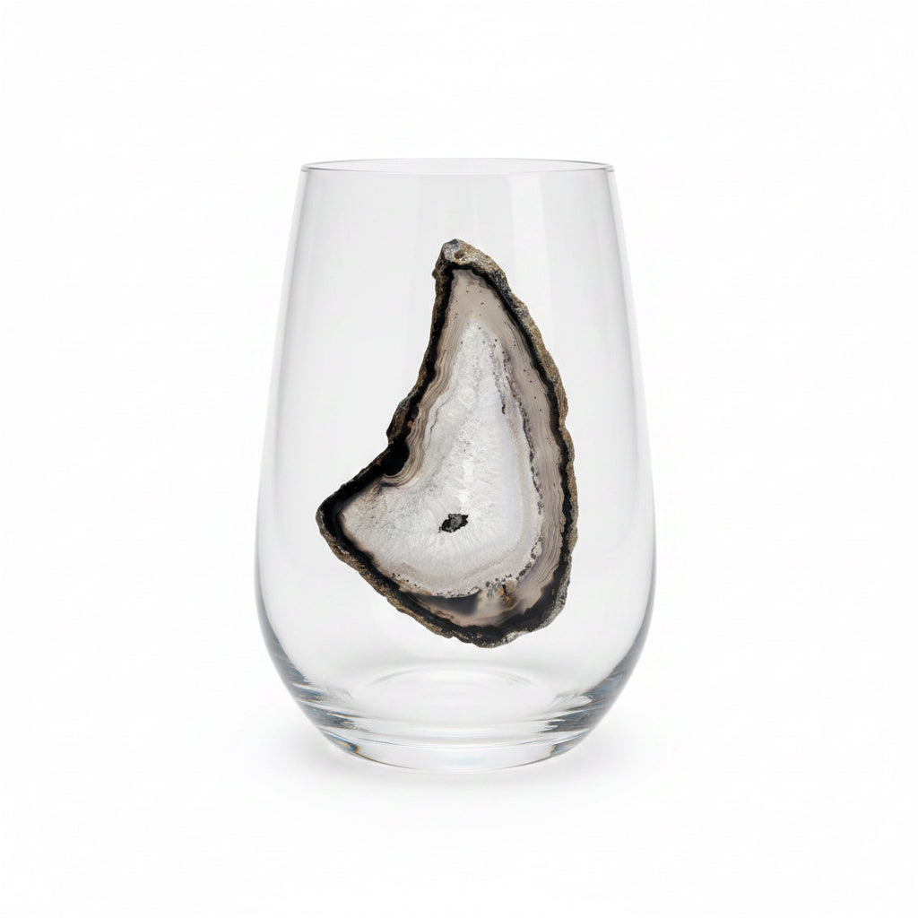 Grey and Black Sliced Agate Geode on Crystal Wineglass. Set of 4