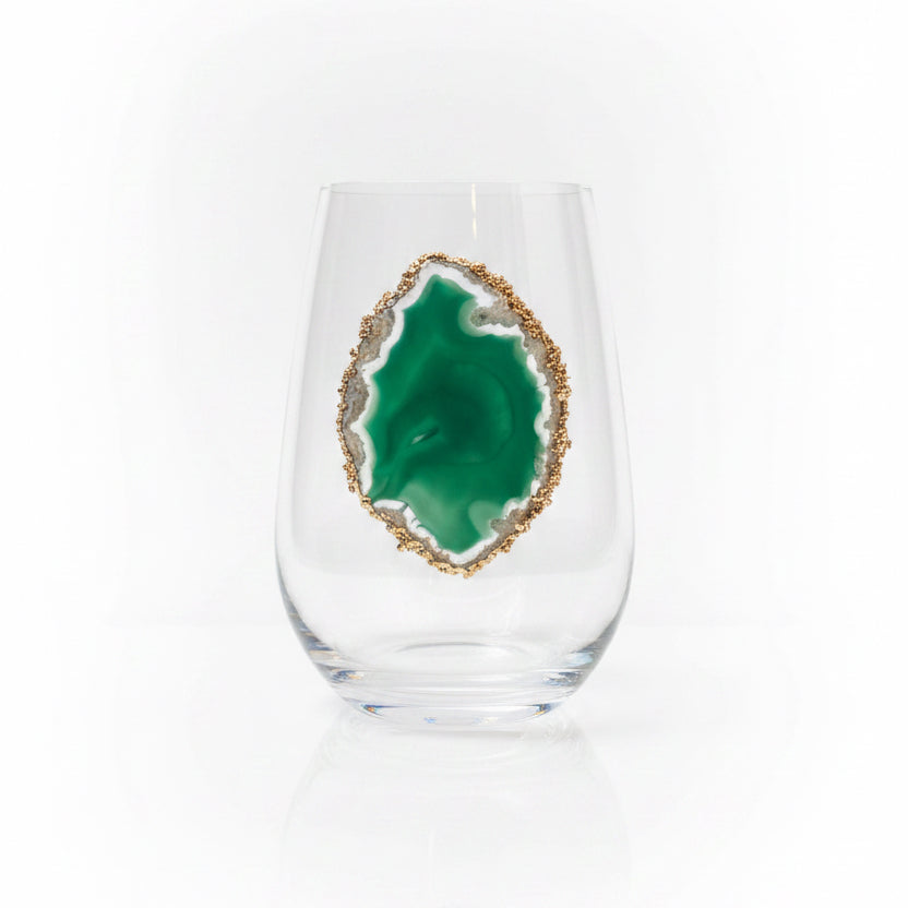 Green Sliced agate Geode with Pyrite Rim on Crystal Wineglasses. Set of 4