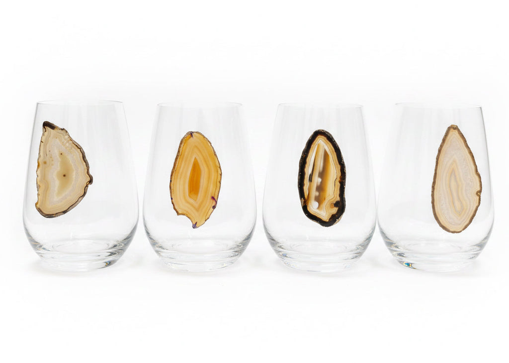 Amber, Grey and Black Agate Geodes on Crystal Wineglass. Set of 4