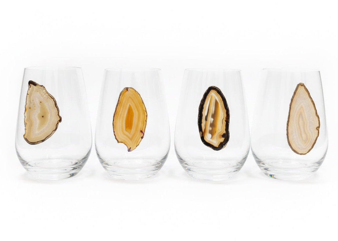 Amber, Grey and Black Agate Geodes on Crystal Wineglass. Set of 4