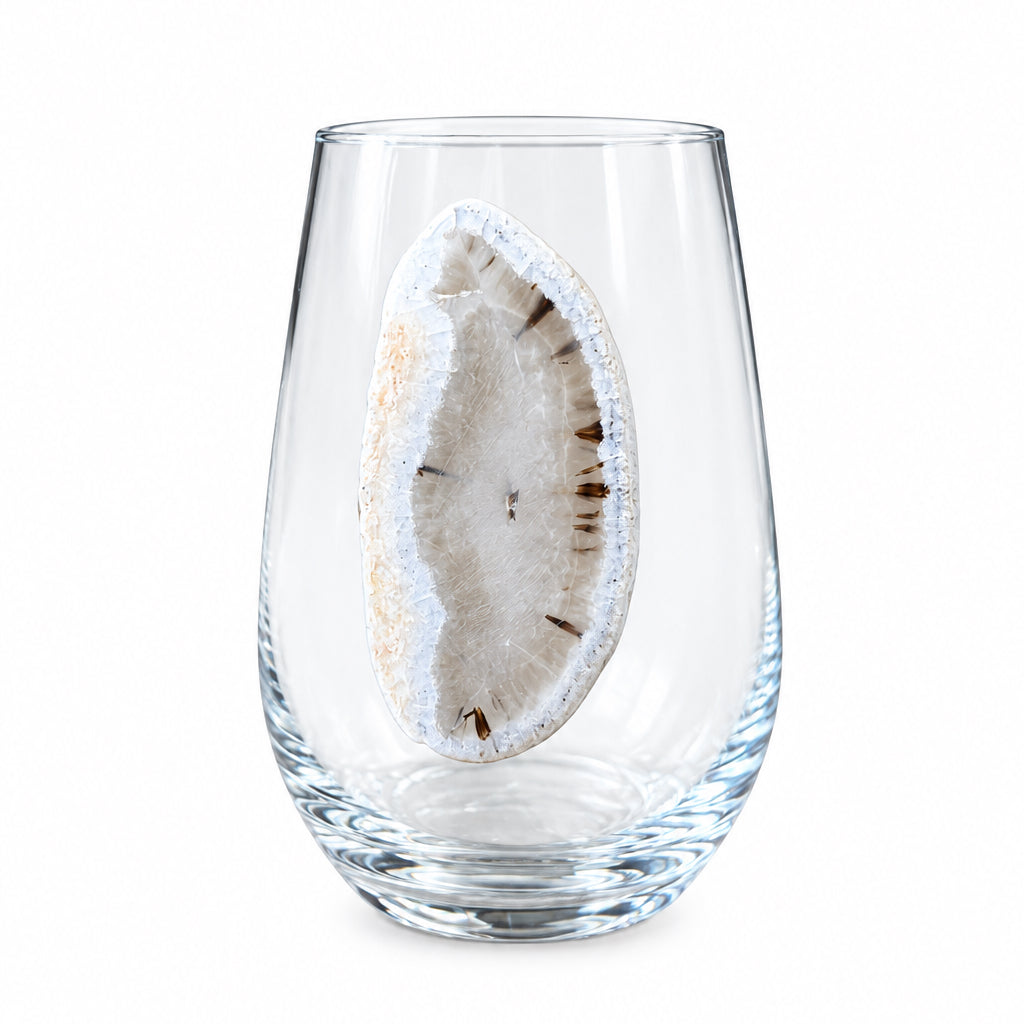 White Agate Geode on Crystal Wineglass. Set of 4