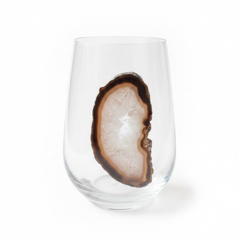 Natural Sliced Agate Geodes on Crystal Stemless Wineglasses