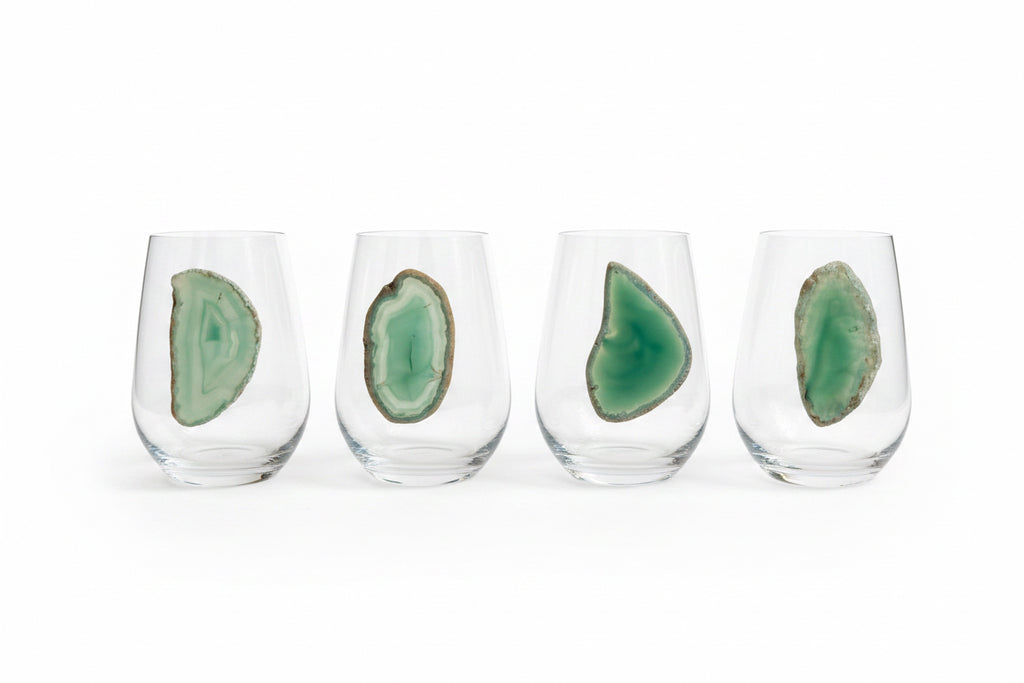 Light Green Sliced Agate Geode on Crystal Wineglass. Set of 4