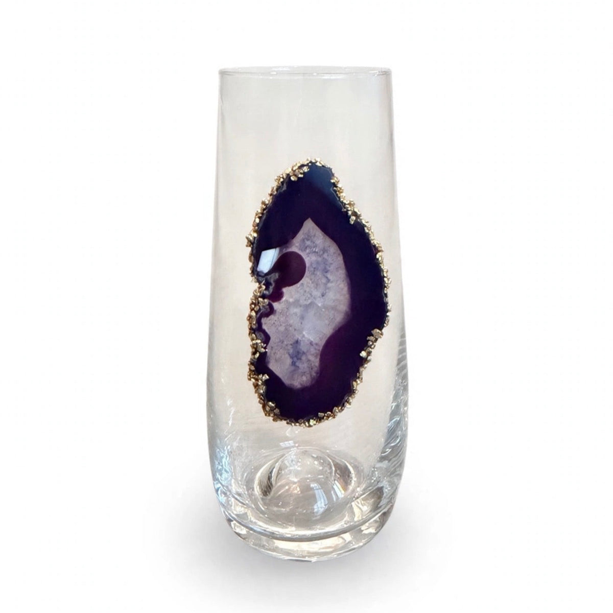 Purple Agate Sliced Geode with Pyrite Rim on Crystal Champagne Flutes. Set of 4. ￼
