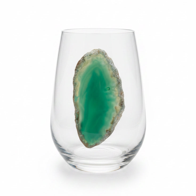 Light Green Sliced Agate Geode on Crystal Wineglass. Set of 4