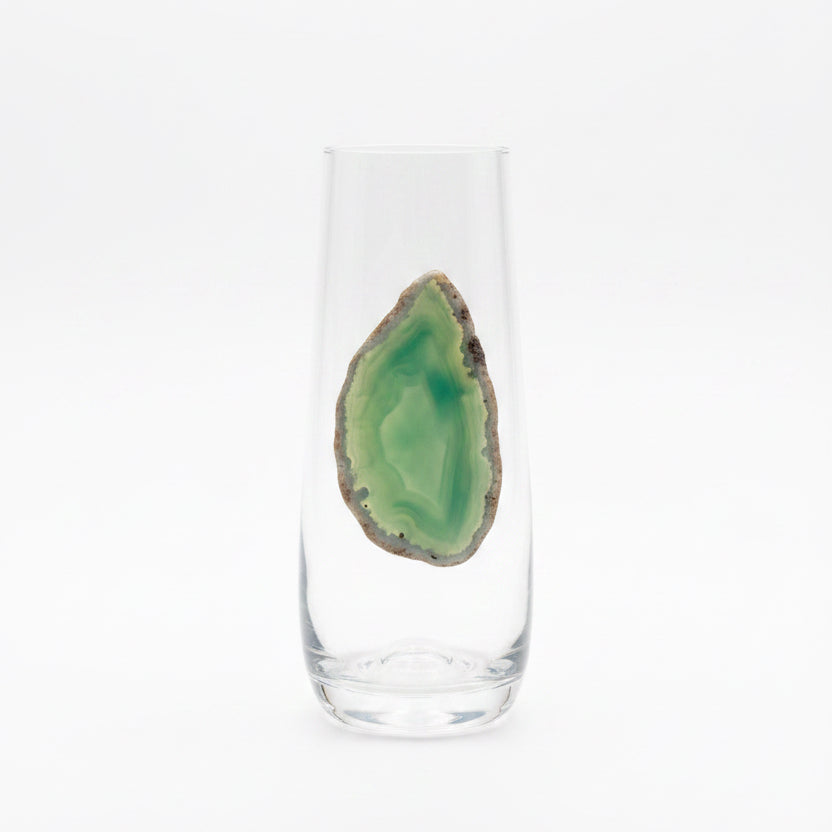 Light green sliced agate Geodes on Stemless Crystal Champagne flute. Set of four.