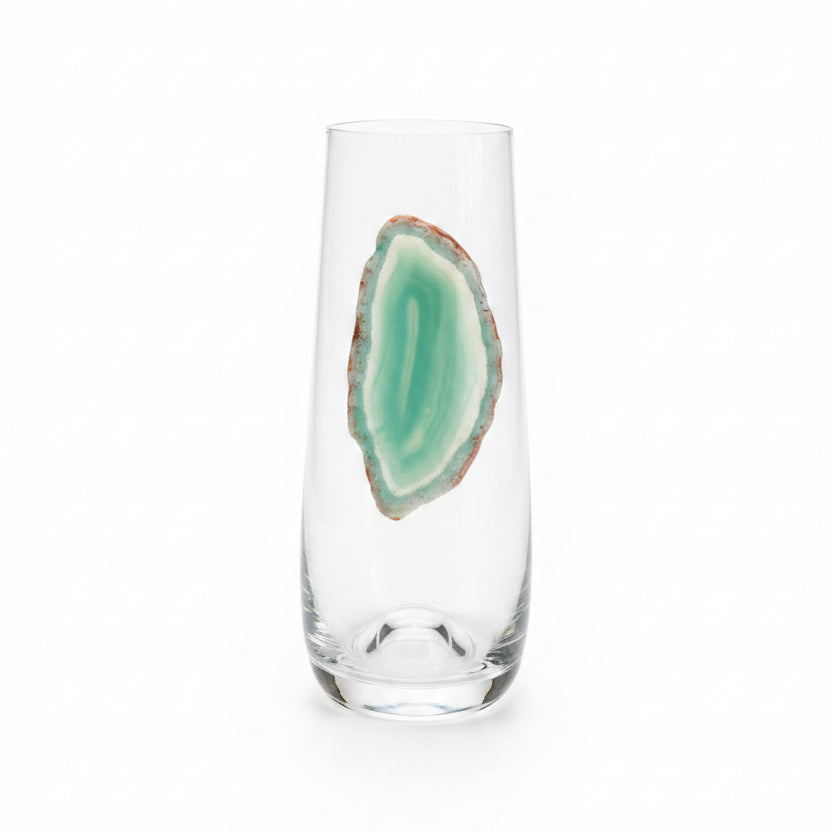 Light Green Sliced Agate Geode on Stemless Crystal Flute. Set of 4
