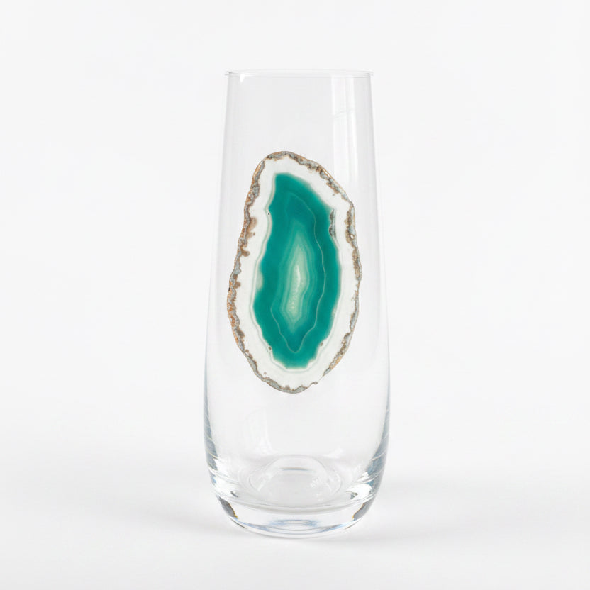 Light Green Agate Sliced Geode on Stemless Crystal Flute. Set of 4