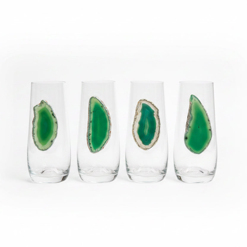 Light Green Agate Sliced Geode on Stemless Crystal Flute. Set of 4