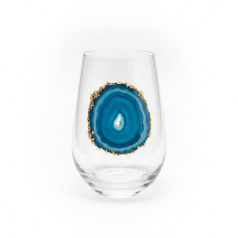 Aqua Blue Agate Sliced Geodes on Crystal Wineglasses. Set of 4