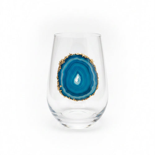 Aqua Blue Agate Sliced Geodes on Crystal Wineglasses. Set of 2