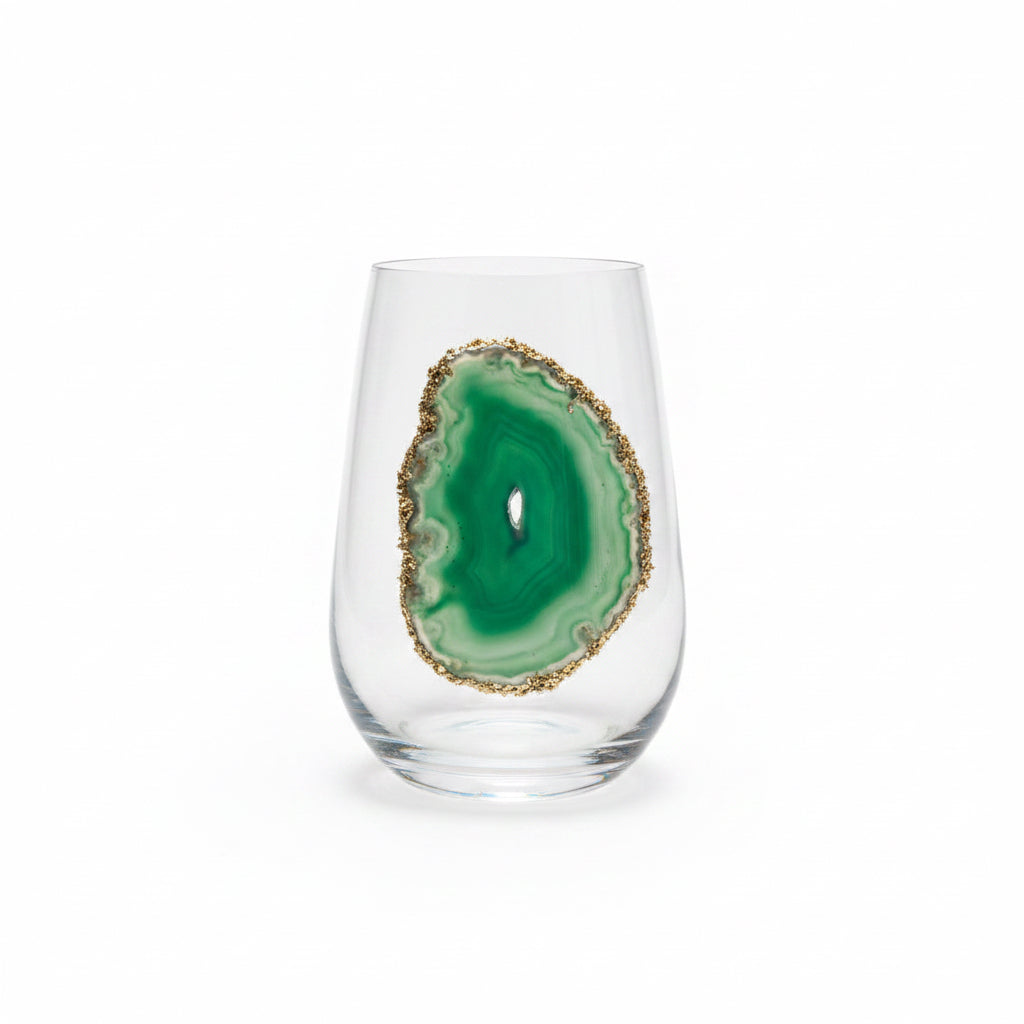 Green Agate Geode with Pyrite Rim on Crystal Wineglass. Set of 4
