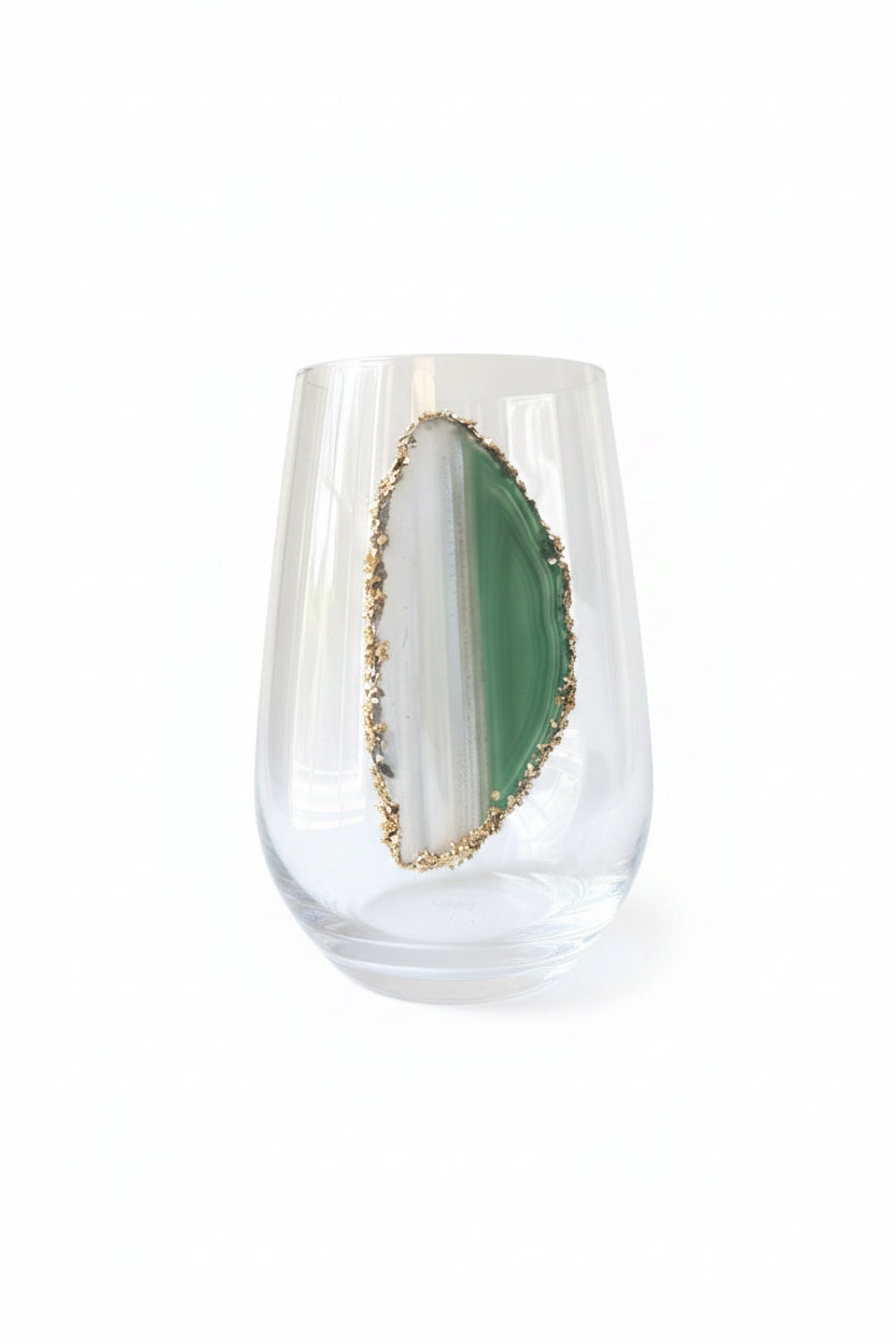 Light Green Agate Sliced Geodes on Crystal Wineglasses. Set of 4
