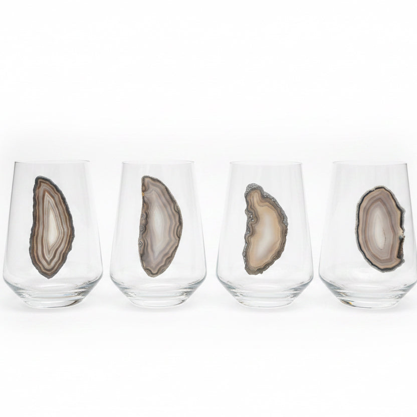 Grey Sliced Agate Geode on a Stemless Crustal Wineglass. Set of 4