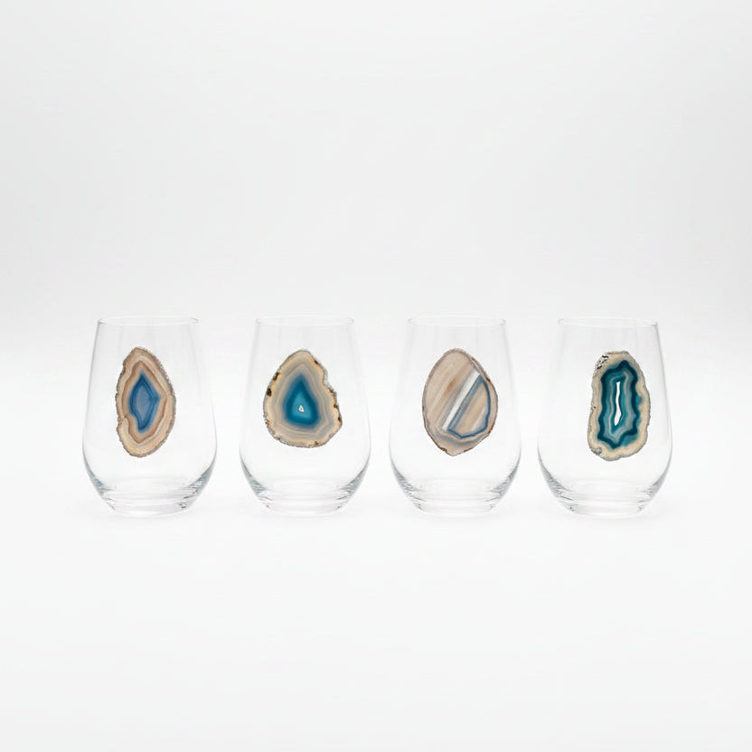 Blue and grey Agate Sliced Geode wineglasses on Crystal. Set of 4