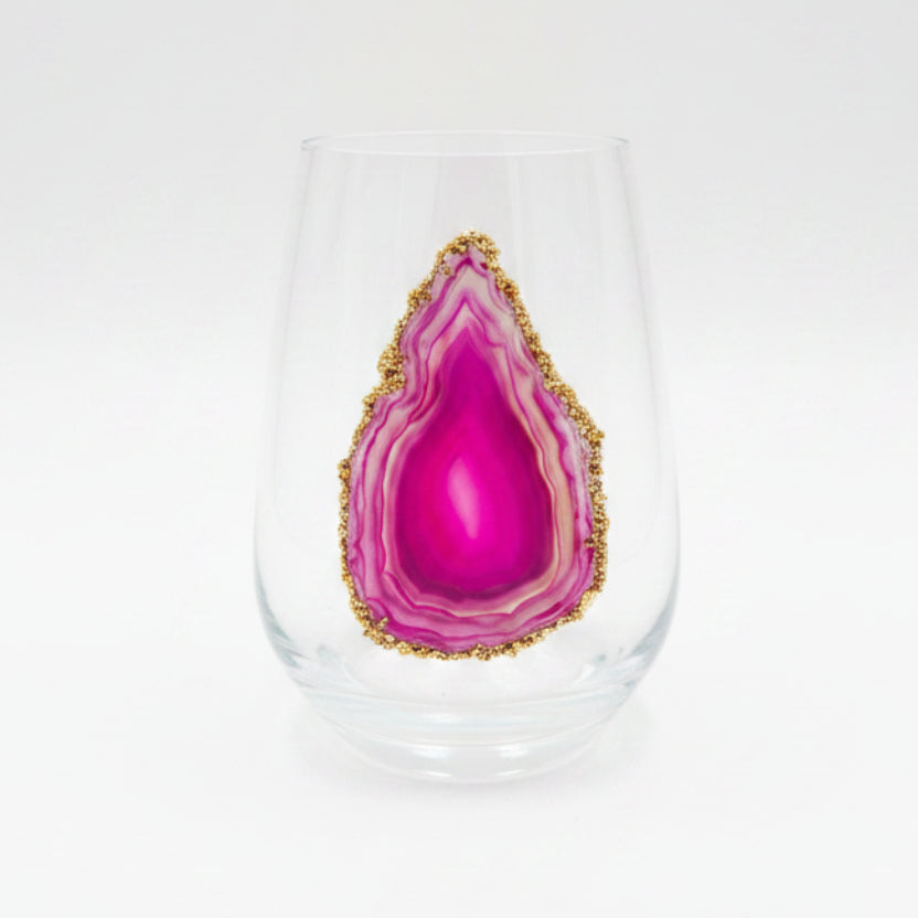 Pink Sliced Agate Geode with Pyrite Rim on Crystal Wineglasses. Set of 4