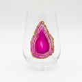 Pink Sliced Agate Geode with Pyrite Rim on Crystal Wineglasses. Set of 4