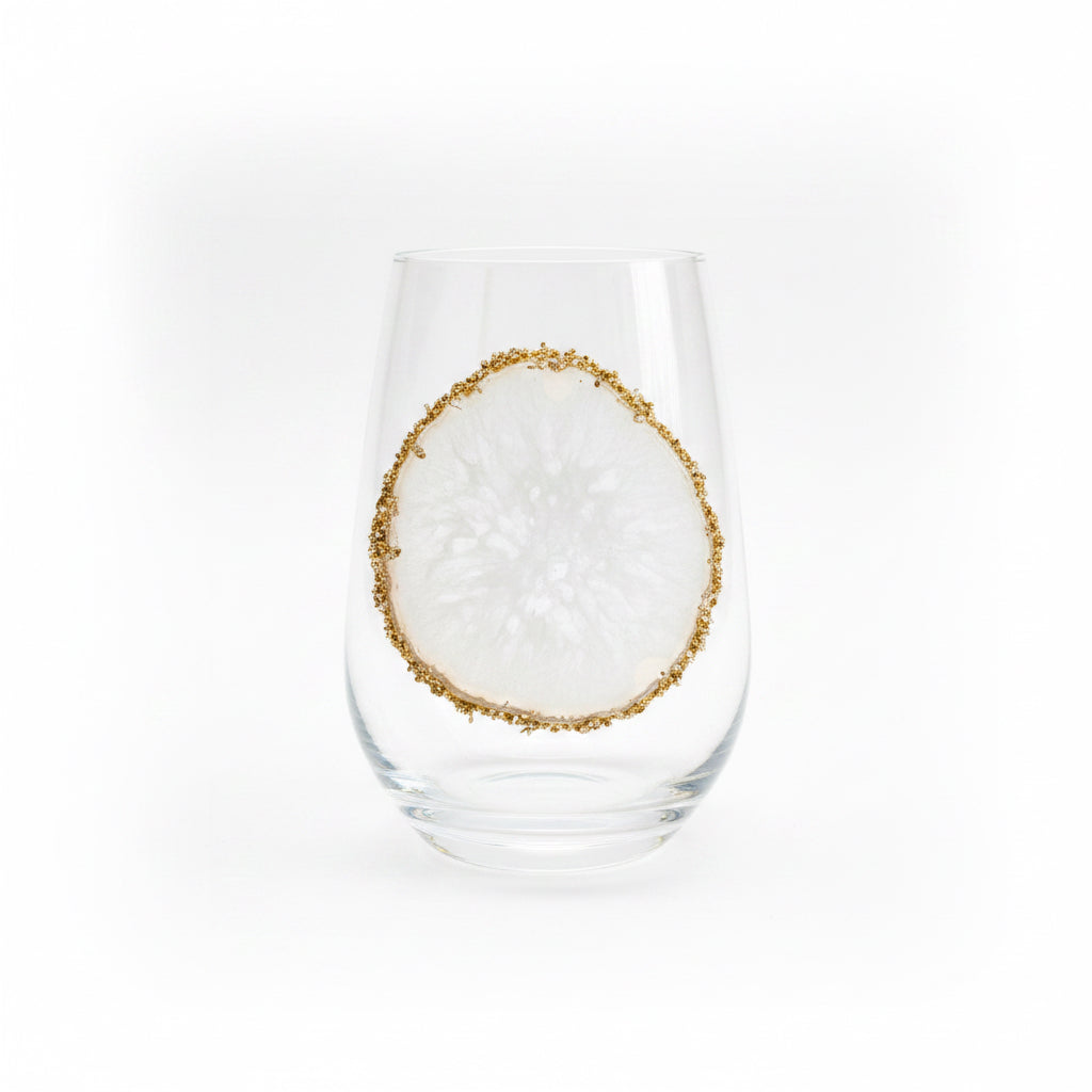 White Sliced Agate Geode on Crystal Wineglass. Set of 4