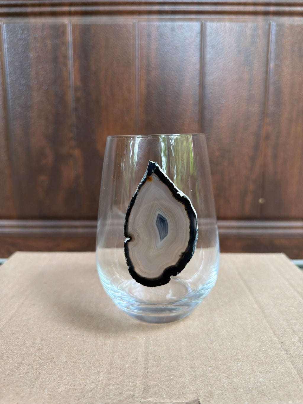 Black and Grey Agate Sliced Geode on Crystal Wineglasses. Set of 4