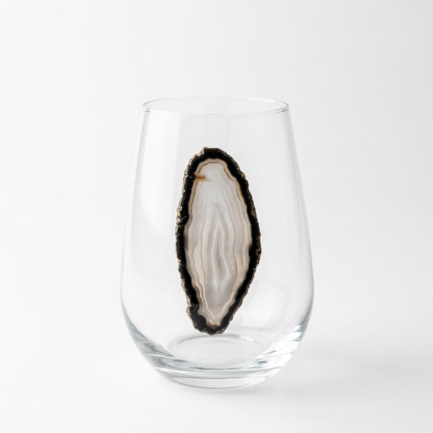 Black and grey Sliced Agate Geodes on Crystal Stemless wineglass . Set of 4