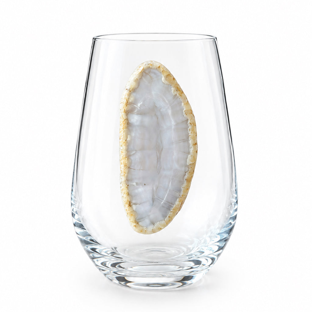 White Agate Sliced Geode on Crystal Wineglass. Set of 4