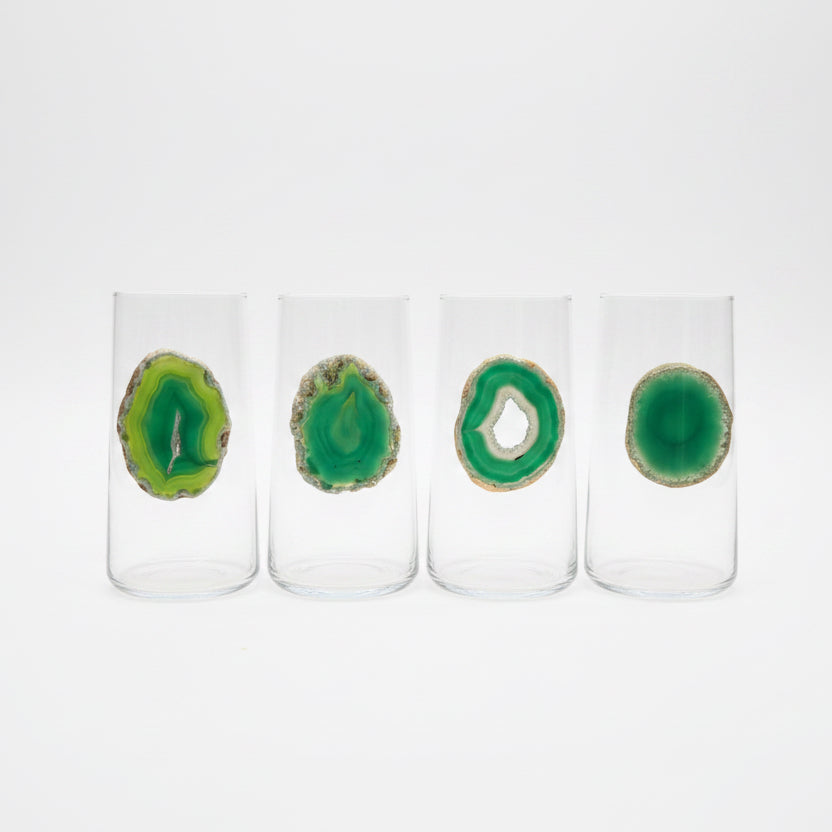 Green Agate Geodes on Glass Tumblers. Set of 4