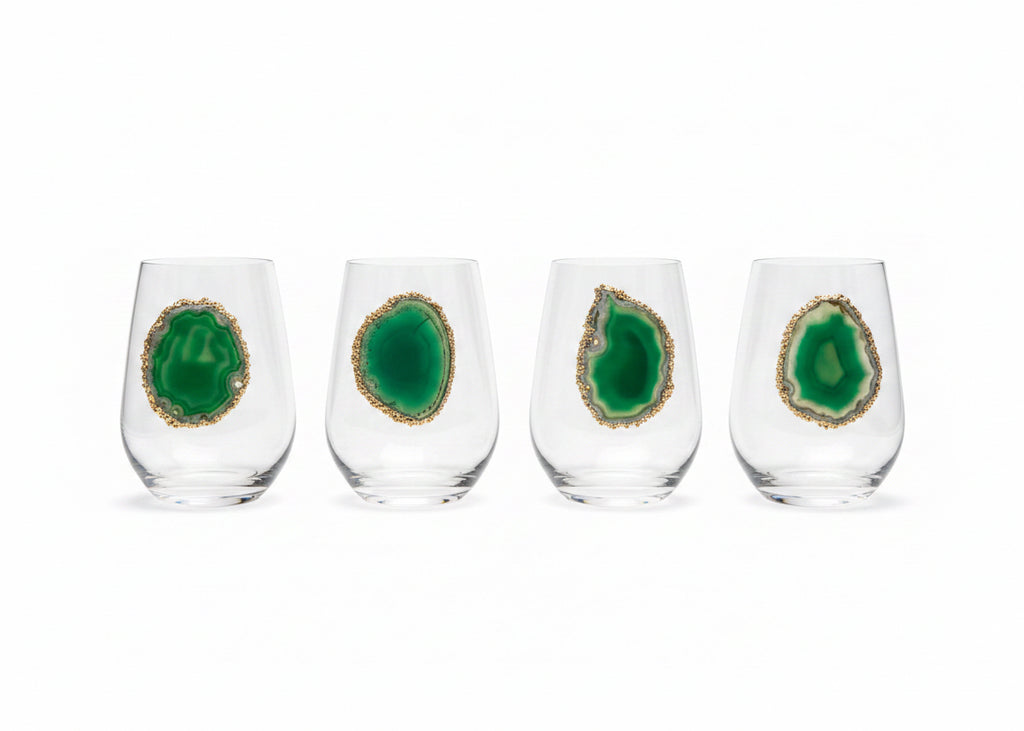 Green Sliced agate Geode with Pyrite Rim on Crystal Wineglasses. Set of 4